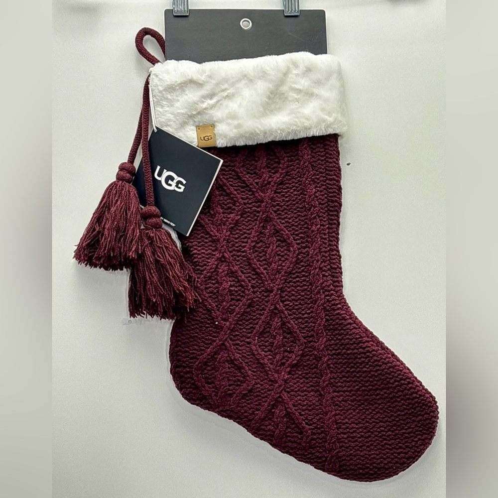 UGG Cable Knit Holiday Christmas Stocking Burgundy Cabernet Faux Fur new